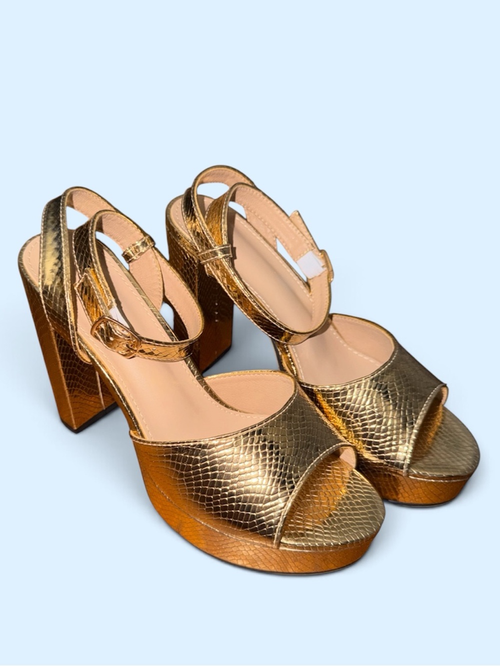 Gold Metallic Platform Sandals - Women's High Block Heel